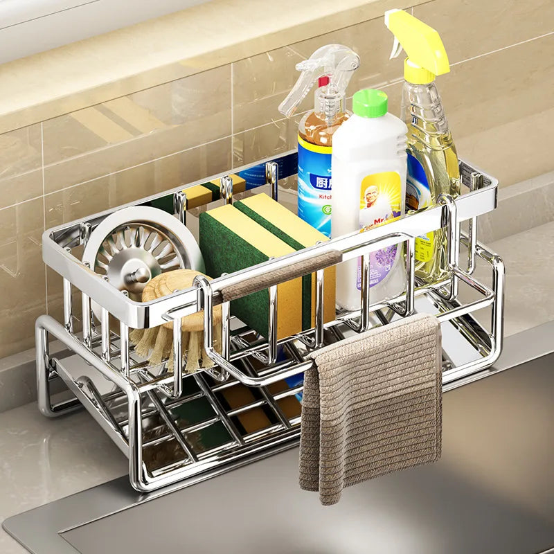 Kitchen Sponge Holder Stainless Steel Sink Drain Rack Soap Drainer Towel Rack Shelf Organizer bathroom Storage Accessories