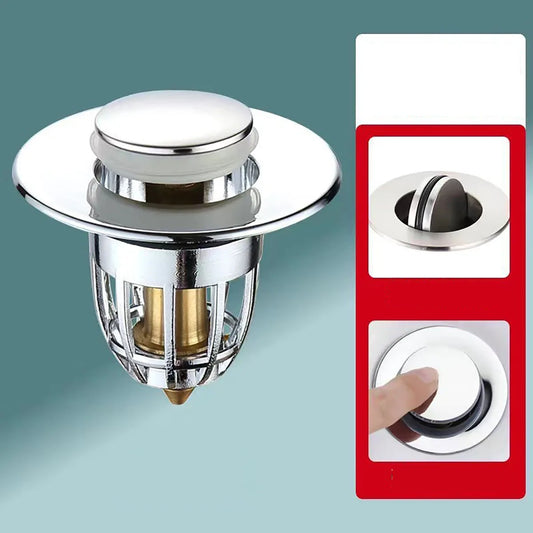 Universal Rebound Drain Plug Filter Basin Pop-up Chrome Sink Filter with Hair Catcher Bathroom Sink Drain Stopper Easy Push Type