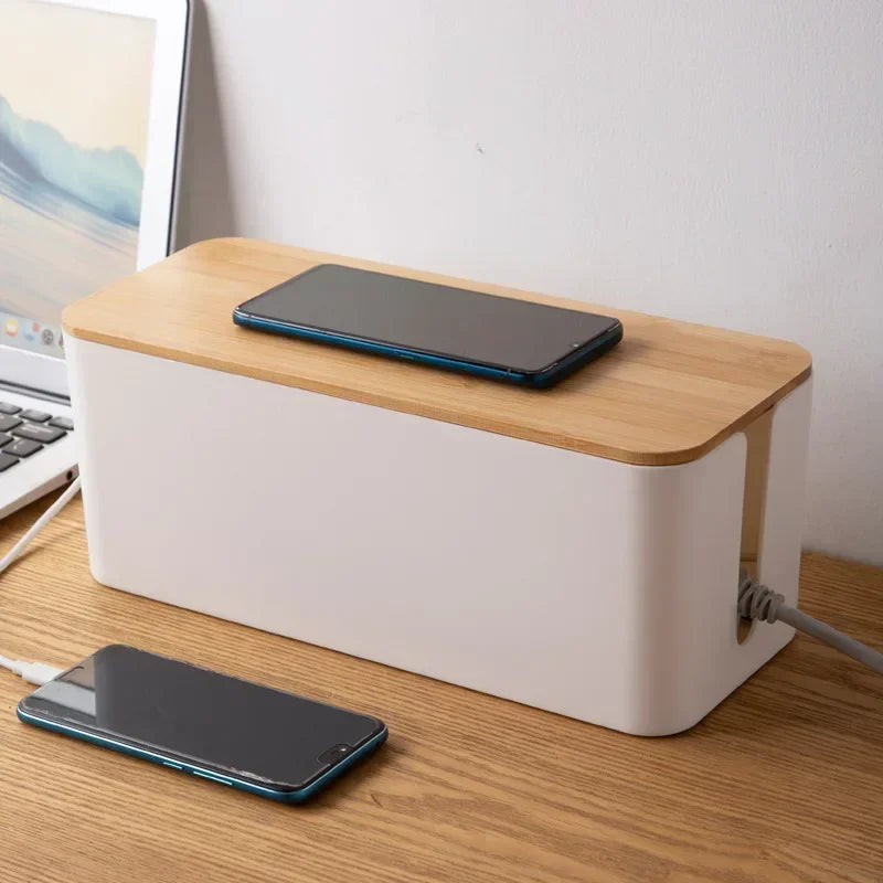 Cable Storage Box Power Strip Case Wooden Power Line Wire Management Organizer Anti-Dust Charger Socket Network Line Storage Bin