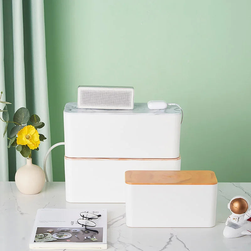 Cable Storage Box Power Strip Case Wooden Power Line Wire Management Organizer Anti-Dust Charger Socket Network Line Storage Bin