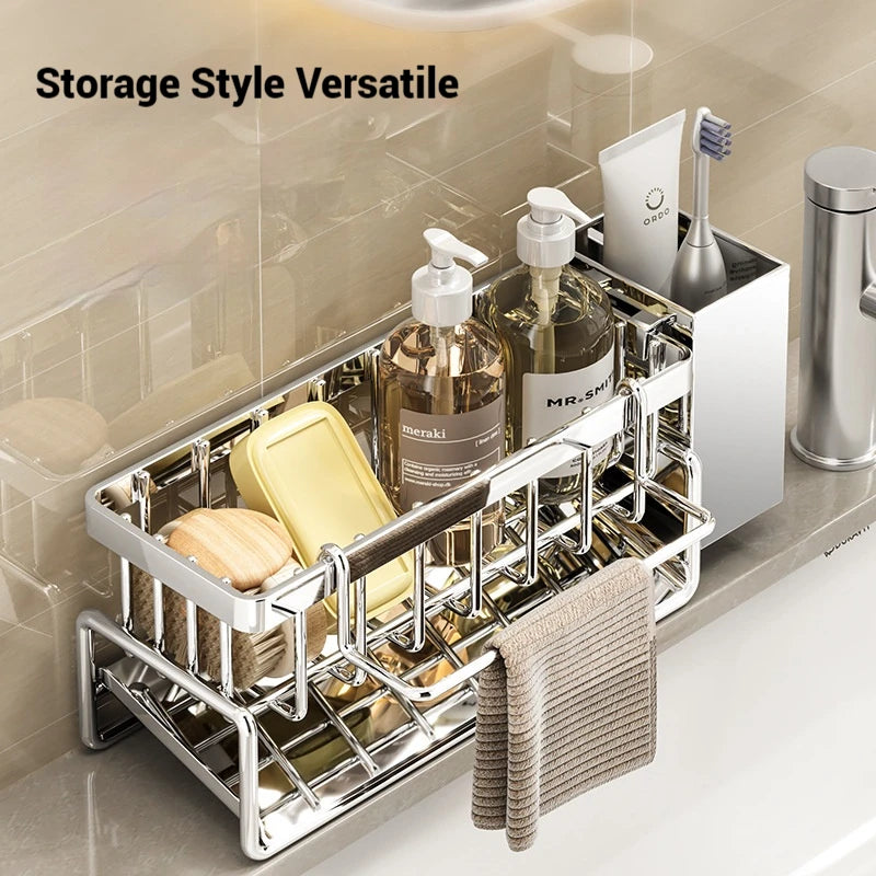 Kitchen Sponge Holder Stainless Steel Sink Drain Rack Soap Drainer Towel Rack Shelf Organizer bathroom Storage Accessories